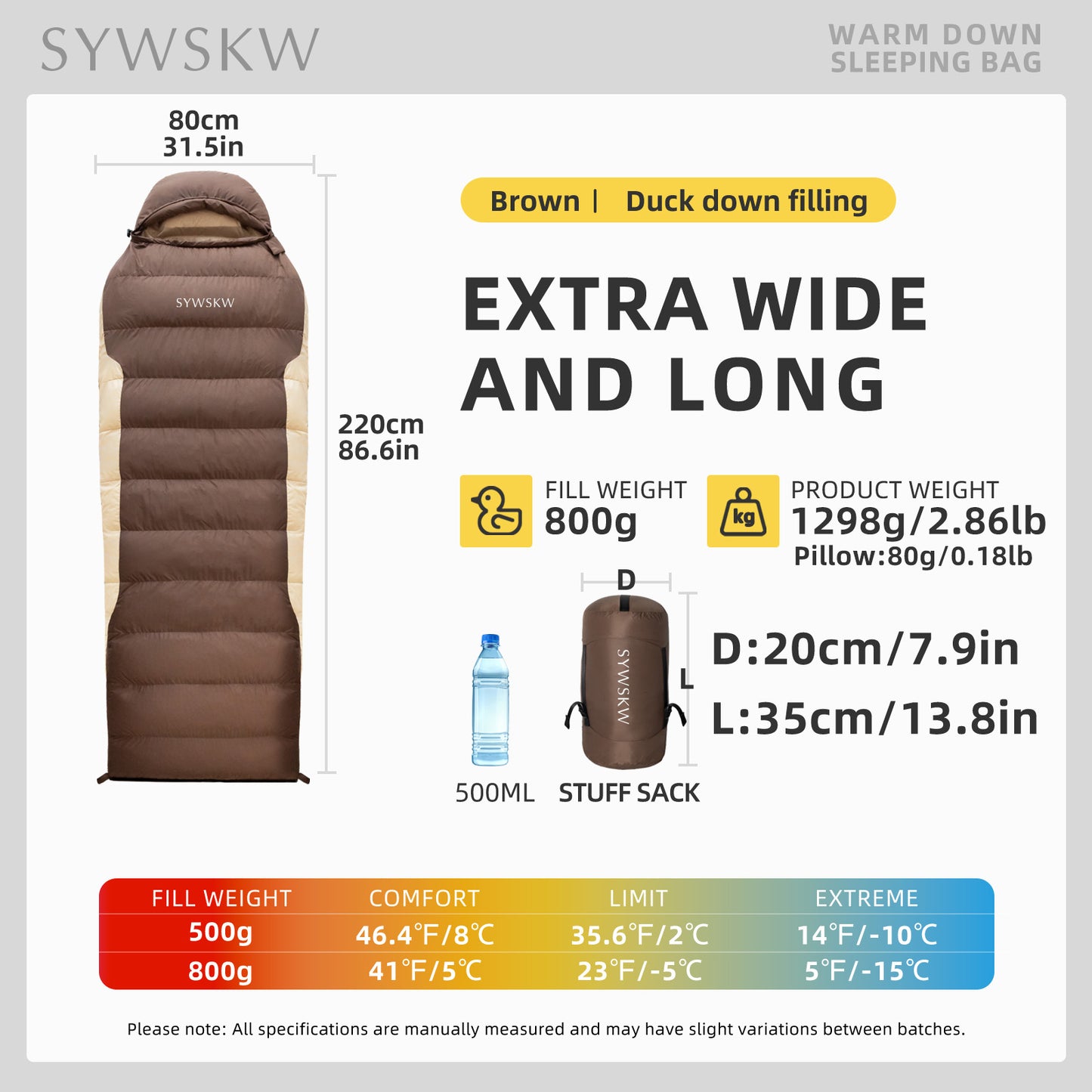 SYWSKW Down Sleeping Bag with Pillow, Ultralight Rectangular Sleeping Bag for Backpacking,Hiking and Camping Outdoor with YKK Two-Way Zipper,680FP Duck Down (coffee 35℉)
