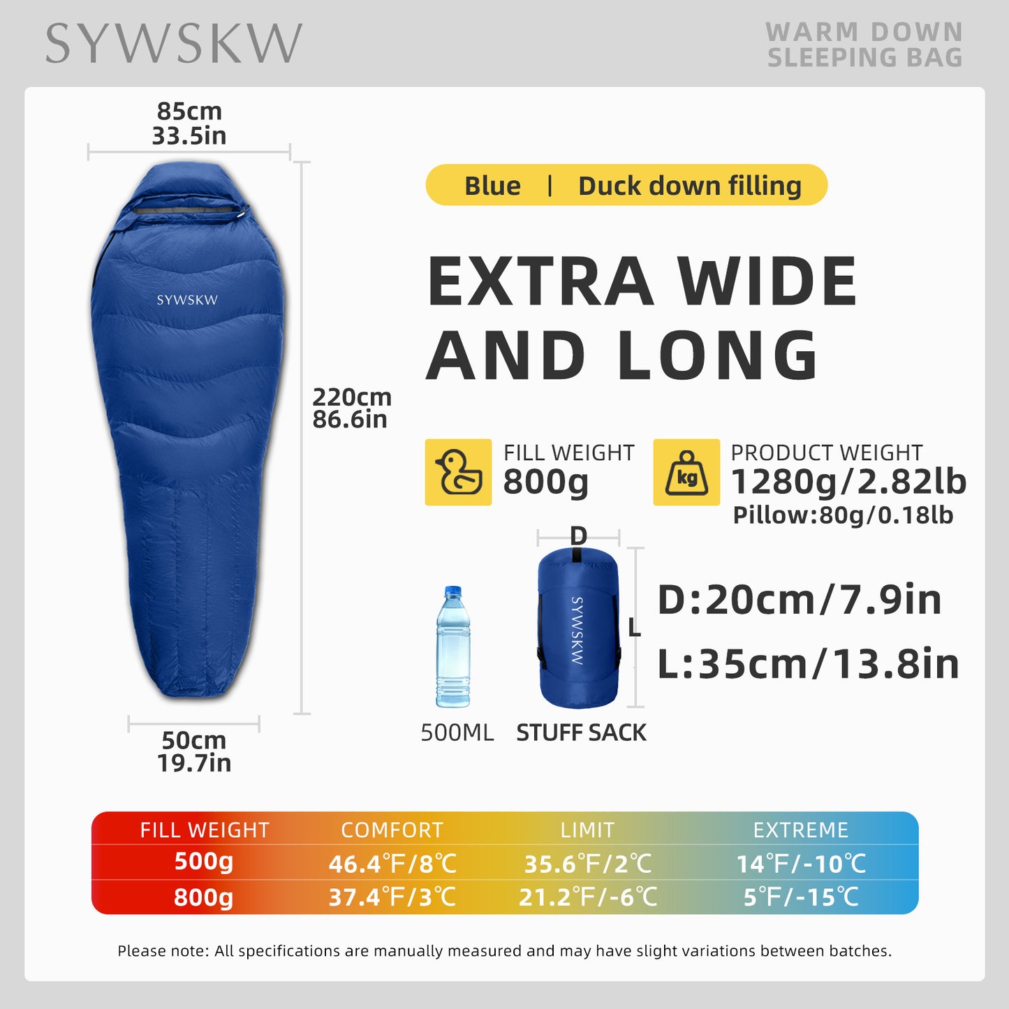 SYWSKW Down Sleeping Bag with Pillow, Ultralight Mummy Sleeping Bag for Backpacking,Hiking and Camping Outdoor with YKK Two-Way Zipper,680FP Duck Down (BlUE 35℉)