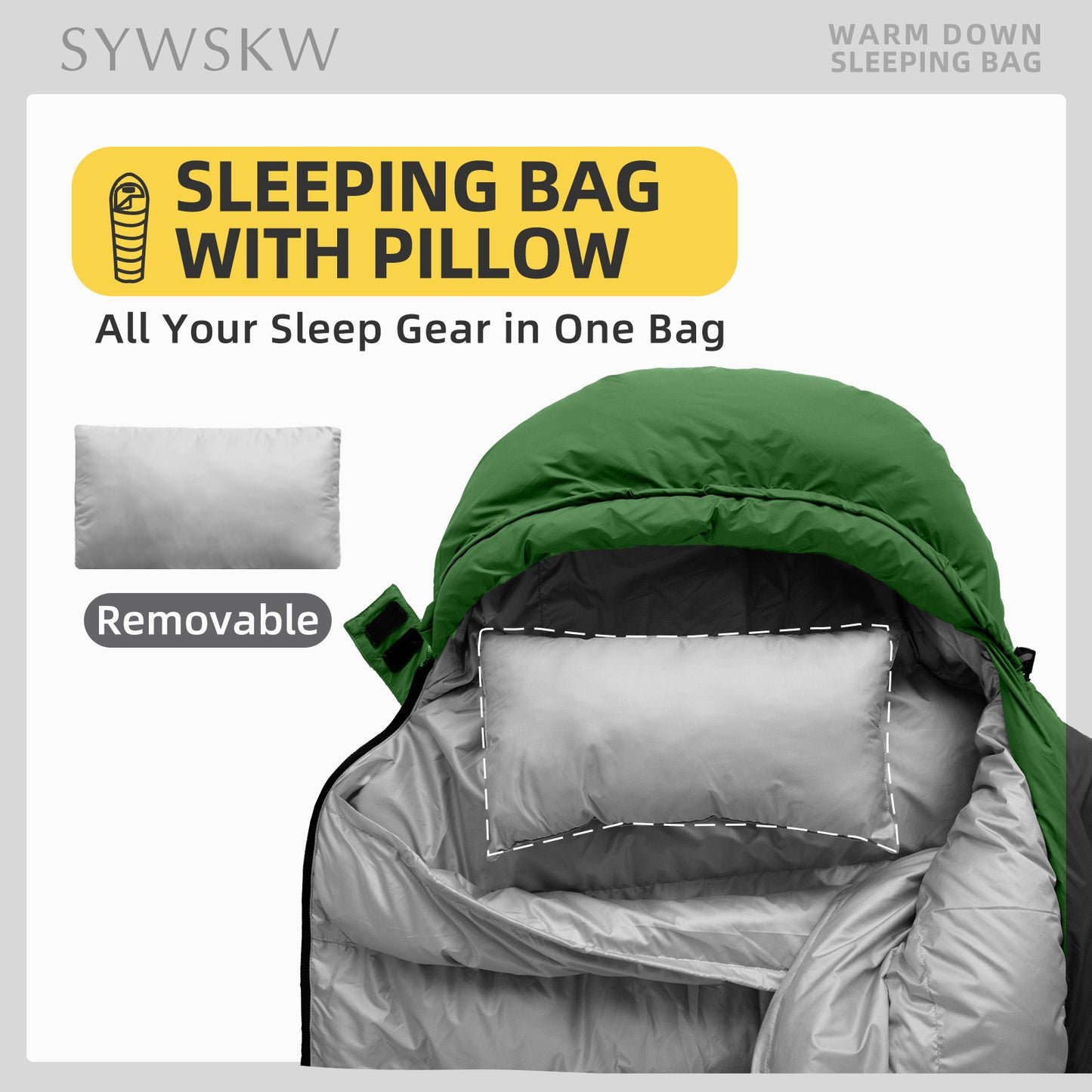 SYWSKW Down Sleeping Bag with Pillow, Ultralight Rectangular Sleeping Bag for Backpacking,Hiking and Camping Outdoor with YKK Two-Way Zipper,680FP Duck Down (Green and Grey 35℉)