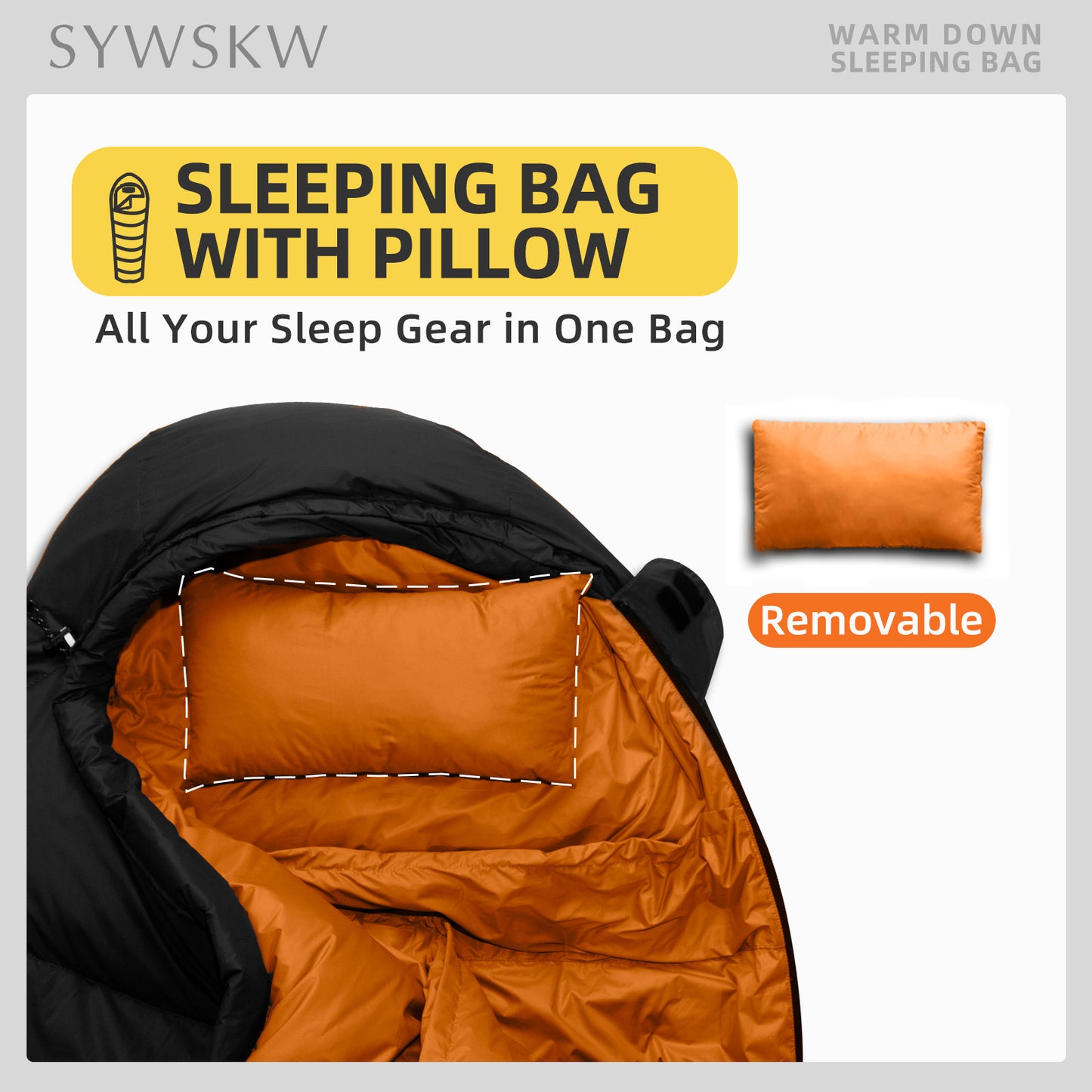 SYWSKW Down Sleeping Bag with Pillow, Ultralight Mummy Sleeping Bag for Backpacking,Hiking and Camping Outdoor with YKK Two-Way Zipper,680FP Duck Down (Black 46℉)