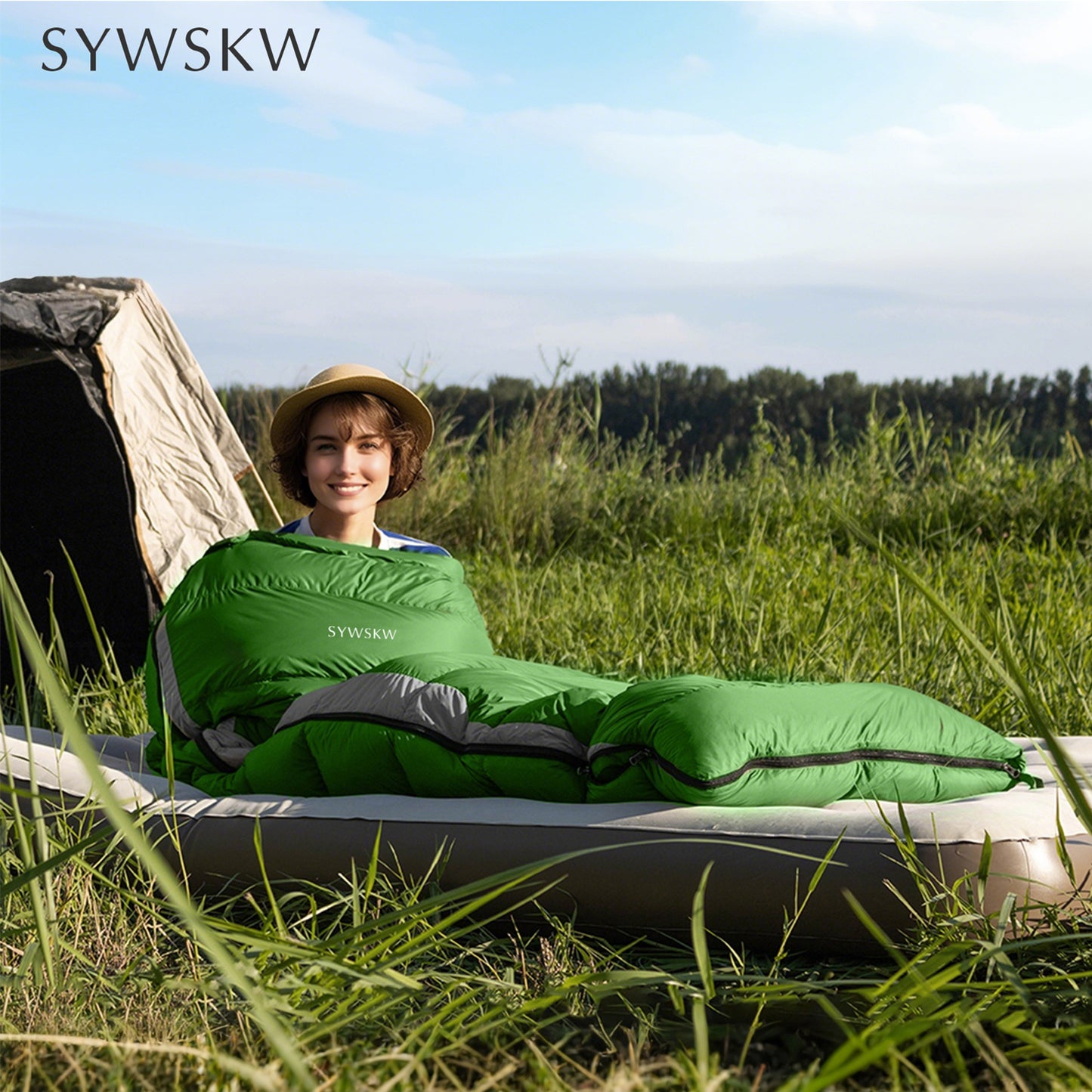 SYWSKW Down Sleeping Bag with Pillow, Ultralight Rectangular Sleeping Bag for Backpacking,Hiking and Camping Outdoor with YKK Two-Way Zipper,680FP Duck Down (Green and Grey 35℉)