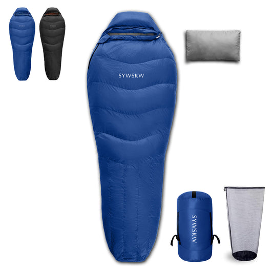 SYWSKW Down Sleeping Bag with Pillow, Ultralight Mummy Sleeping Bag for Backpacking,Hiking and Camping Outdoor with YKK Two-Way Zipper,680FP Duck Down (BlUE 35℉)