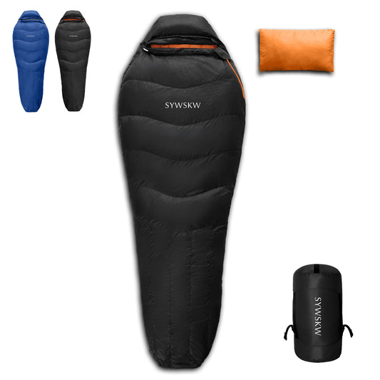 SYWSKW Down Sleeping Bag with Pillow, Ultralight Mummy Sleeping Bag for Backpacking,Hiking and Camping Outdoor with YKK Two-Way Zipper,680FP Duck Down (Black 46℉)