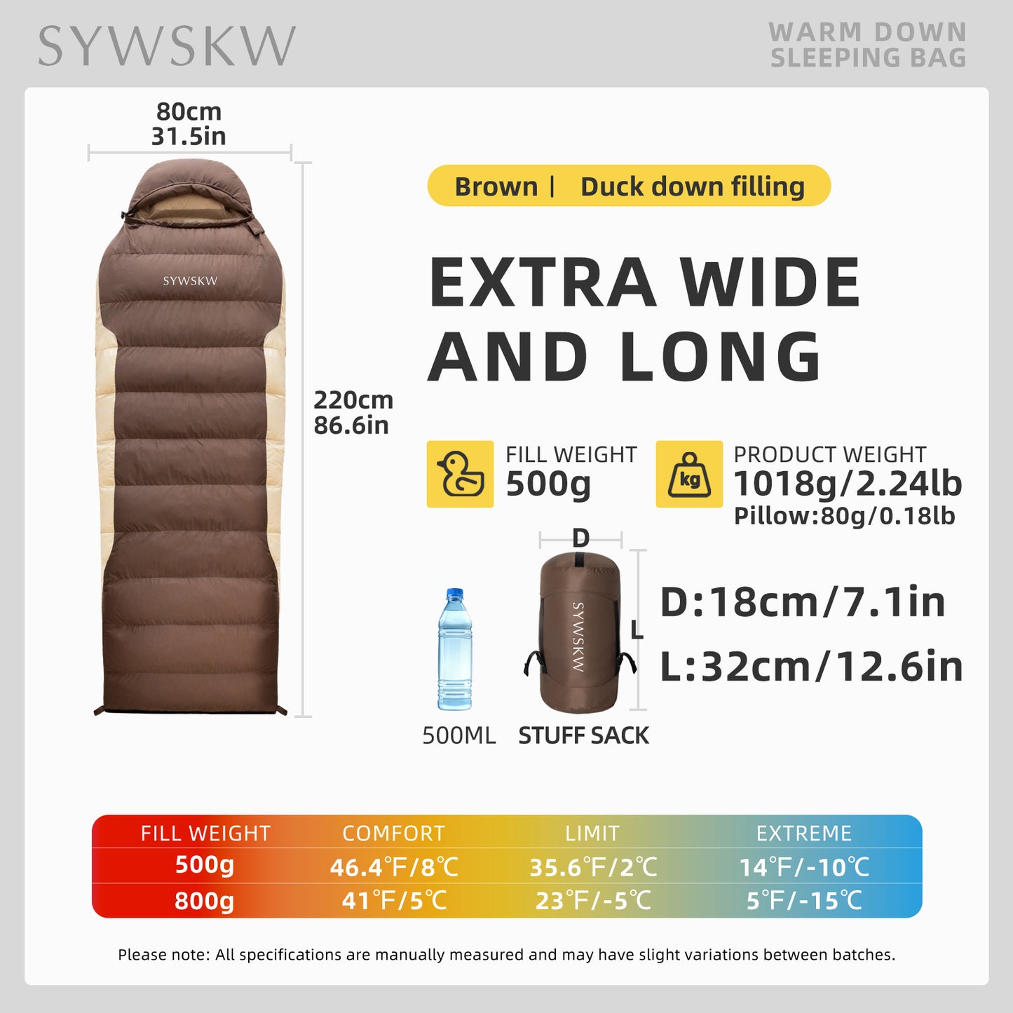 SYWSKW Down Sleeping Bag with Pillow, Ultralight Rectangular Sleeping Bag for Backpacking,Hiking and Camping Outdoor with YKK Two-Way Zipper,680FP Duck Down (coffee 46℉）