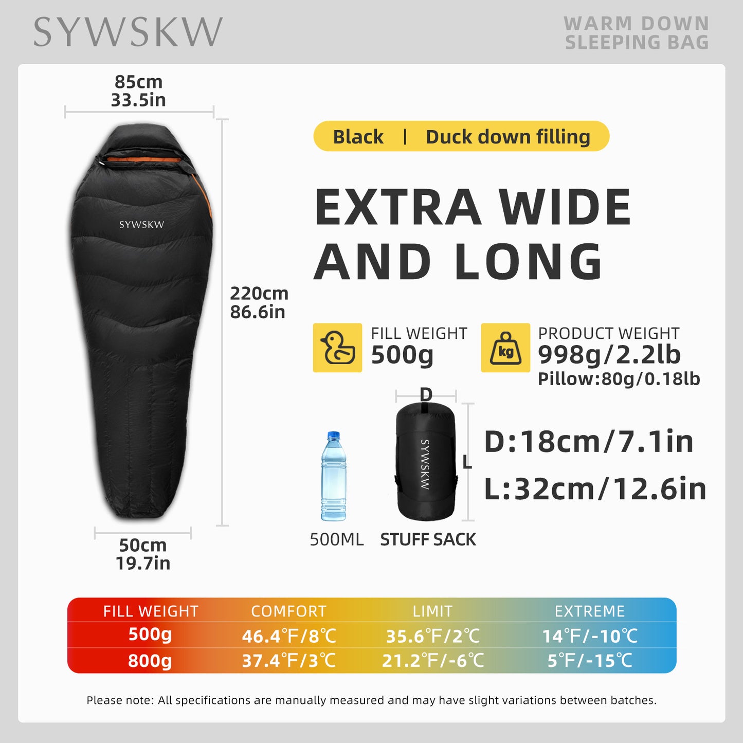 SYWSKW Down Sleeping Bag with Pillow, Ultralight Mummy Sleeping Bag for Backpacking,Hiking and Camping Outdoor with YKK Two-Way Zipper,680FP Duck Down (Black 46℉)