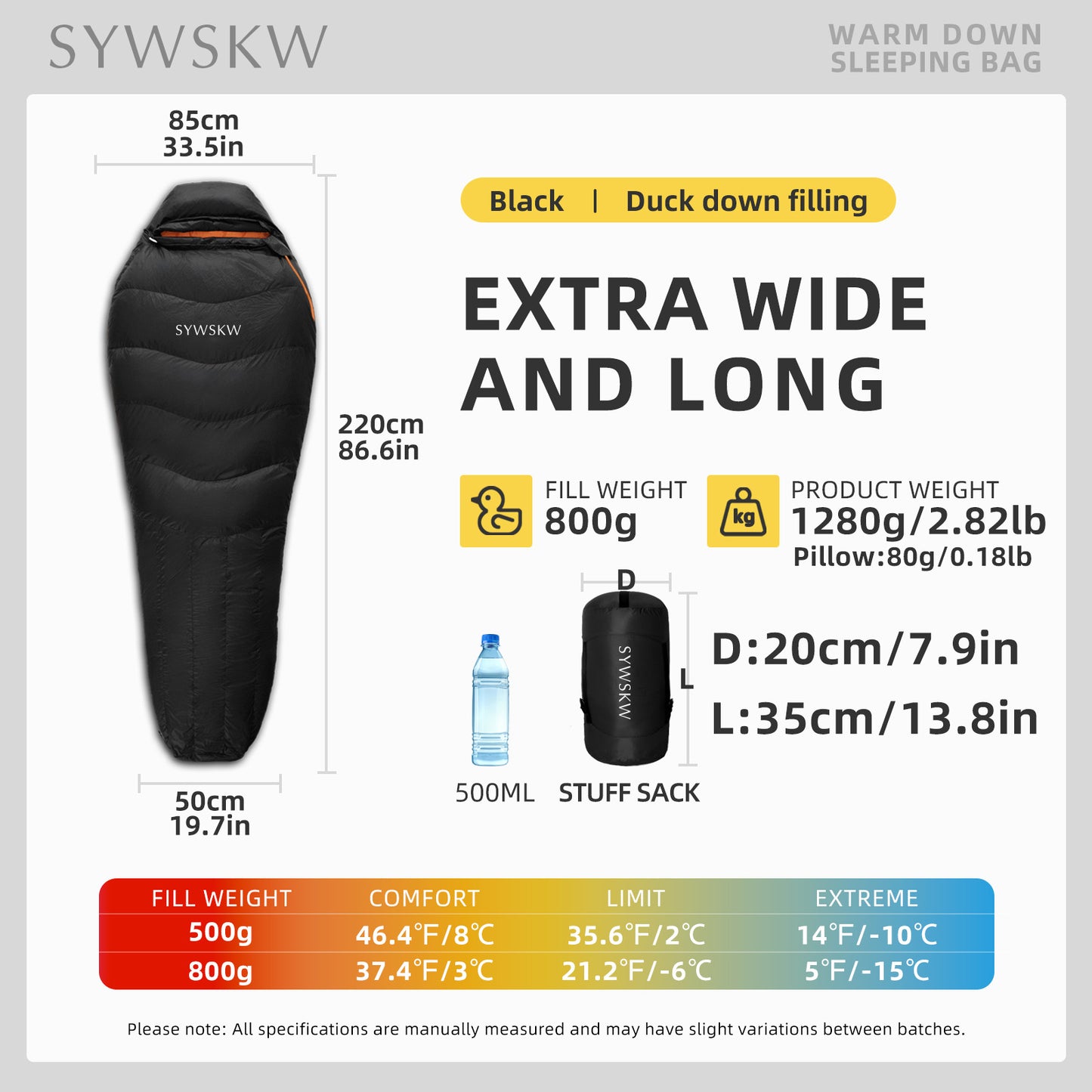 SYWSKW Down Sleeping Bag with Pillow, Ultralight Mummy Sleeping Bag for Backpacking,Hiking and Camping Outdoor with YKK Two-Way Zipper,680FP Duck Down (Black 35℉)