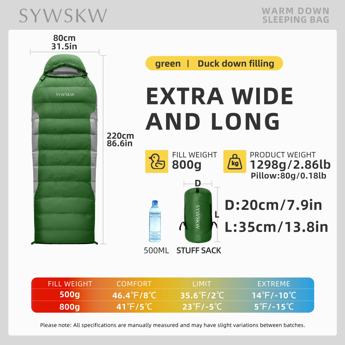 SYWSKW  Down Sleeping Bag with Pillow, Ultralight Rectangular Sleeping Bag for Backpacking,Hiking and Camping Outdoor with YKK Two-Way Zipper,680FP Duck Down (Green and Grey 35℉)