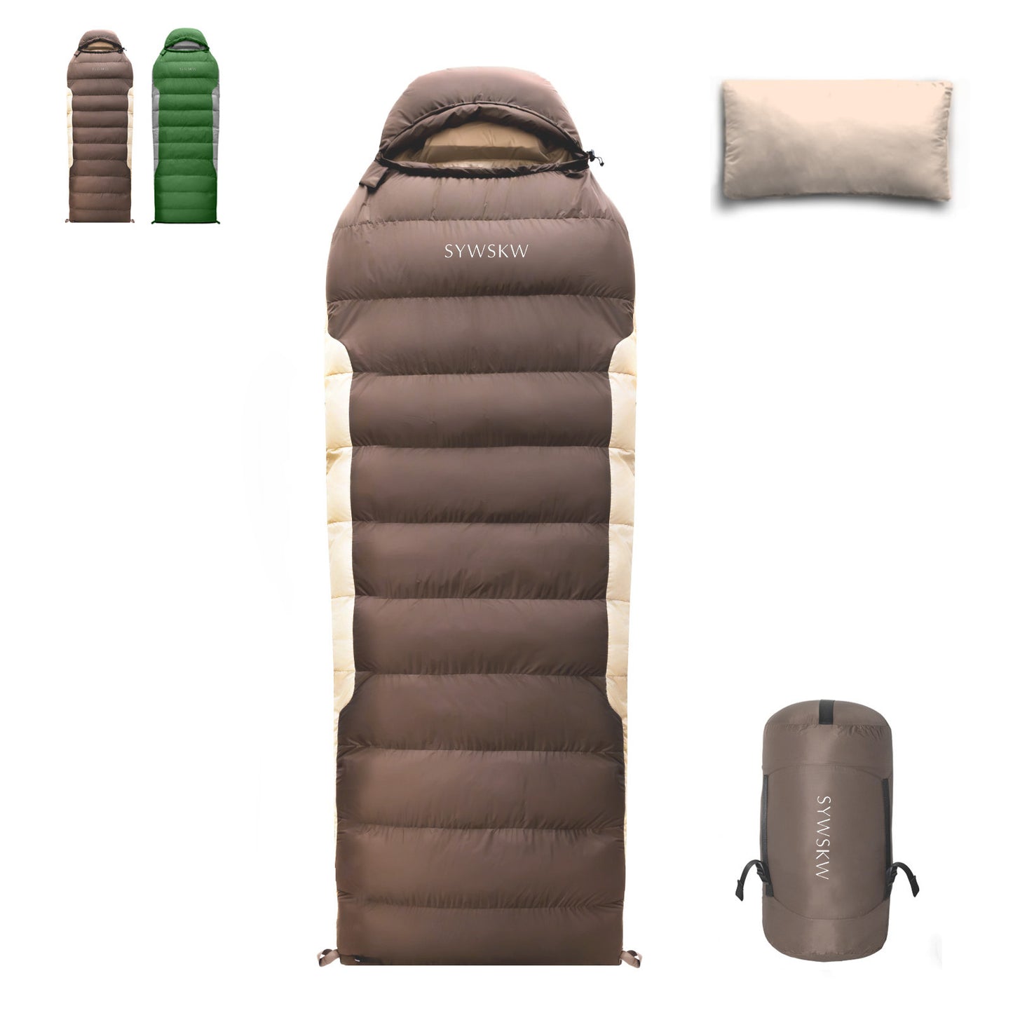 SYWSKW Down Sleeping Bag with Pillow, Ultralight Rectangular Sleeping Bag for Backpacking,Hiking and Camping Outdoor with YKK Two-Way Zipper,680FP Duck Down (coffee 46℉）