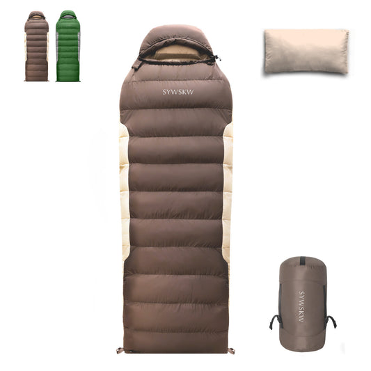 SYWSKW Down Sleeping Bag with Pillow, Ultralight Rectangular Sleeping Bag for Backpacking,Hiking and Camping Outdoor with YKK Two-Way Zipper,680FP Duck Down (coffee 46℉）