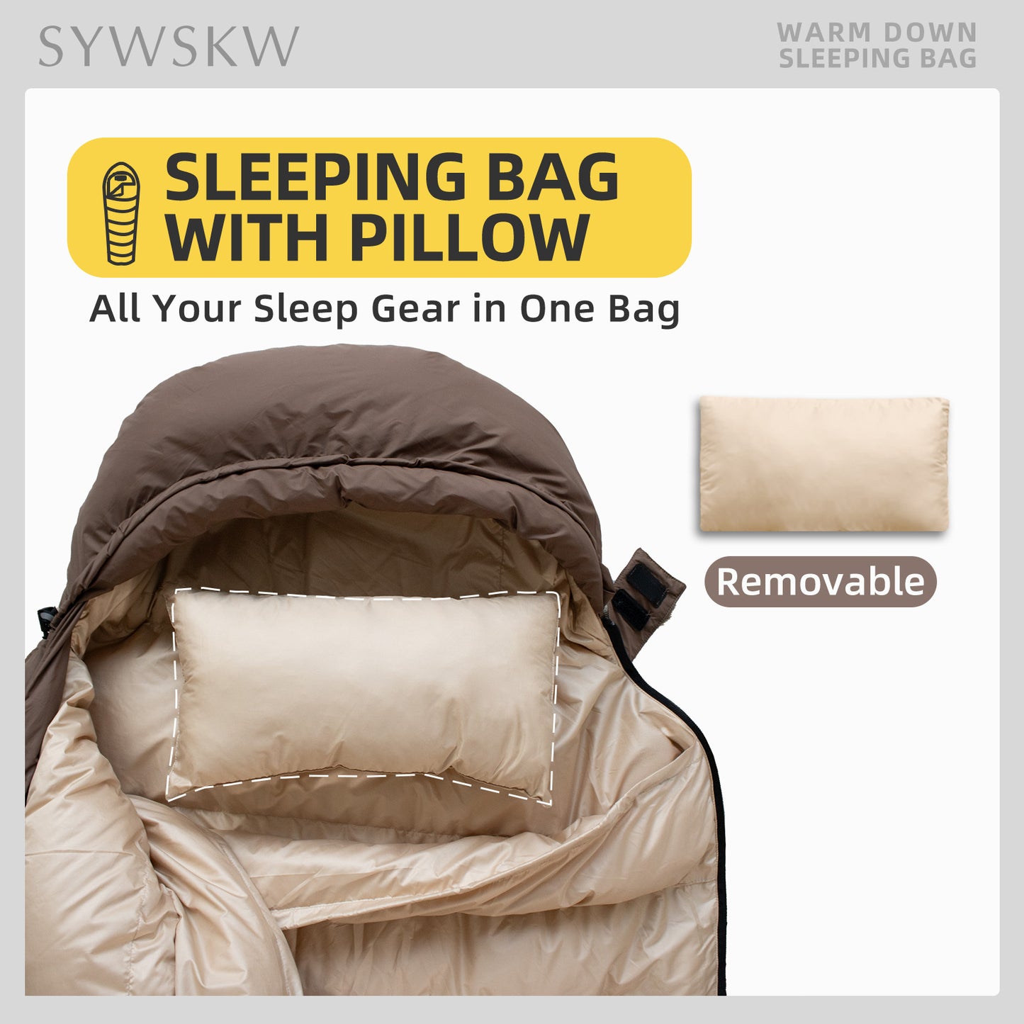 SYWSKW Down Sleeping Bag with Pillow, Ultralight Rectangular Sleeping Bag for Backpacking,Hiking and Camping Outdoor with YKK Two-Way Zipper,680FP Duck Down (coffee 35℉)