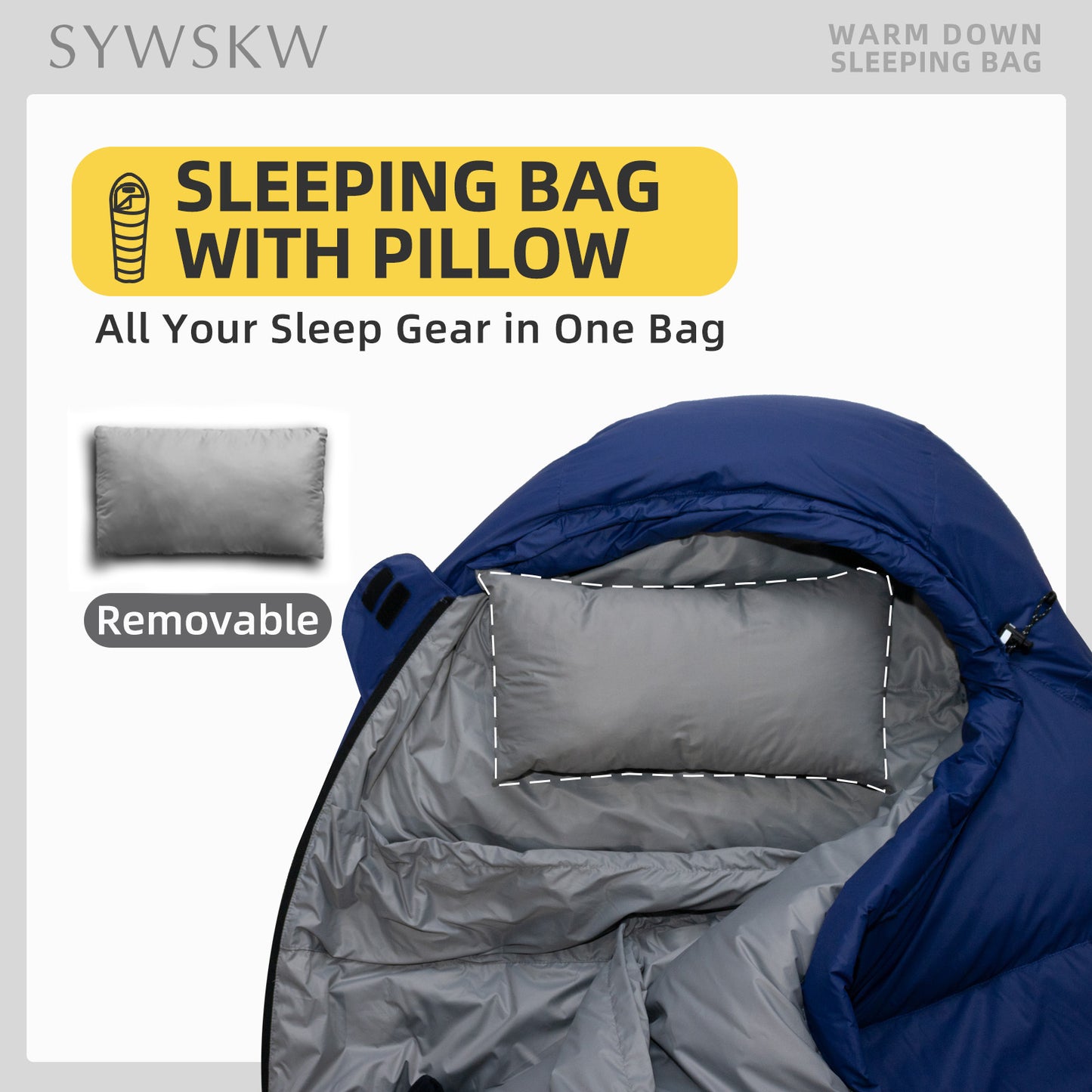SYWSKW Down Sleeping Bag with Pillow, Ultralight Mummy Sleeping Bag for Backpacking,Hiking and Camping Outdoor with YKK Two-Way Zipper,680FP Duck Down (BlUE 35℉)