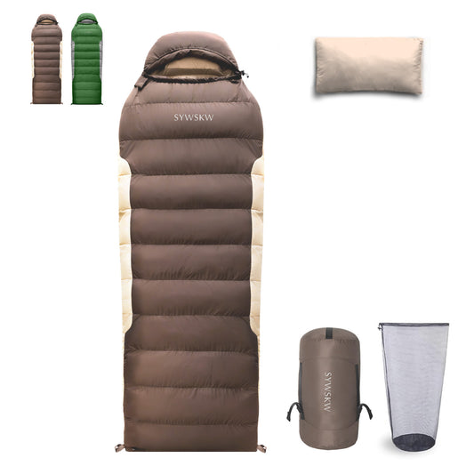 SYWSKW Down Sleeping Bag with Pillow, Ultralight Rectangular Sleeping Bag for Backpacking,Hiking and Camping Outdoor with YKK Two-Way Zipper,680FP Duck Down (coffee 35℉)