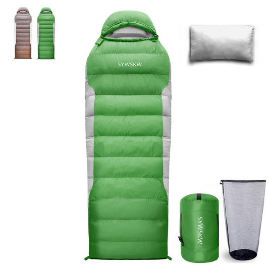 SYWSKW  Down Sleeping Bag with Pillow, Ultralight Rectangular Sleeping Bag for Backpacking,Hiking and Camping Outdoor with YKK Two-Way Zipper,680FP Duck Down (Green and Grey 35℉)