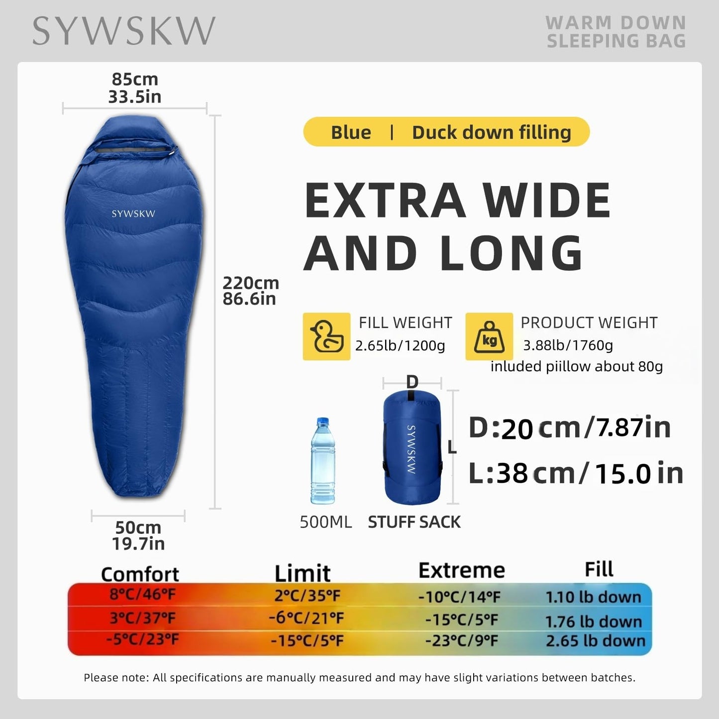 SYWSKW Down Sleeping Bag with Pillow for Backpacking,15℉ 5℉ 0℉ Wide Down Sleeping Bag (86.6 in x 33.5 in) for Adults,Teens,Youth Camping and Hiking Outdoor with 680FP Duck Down